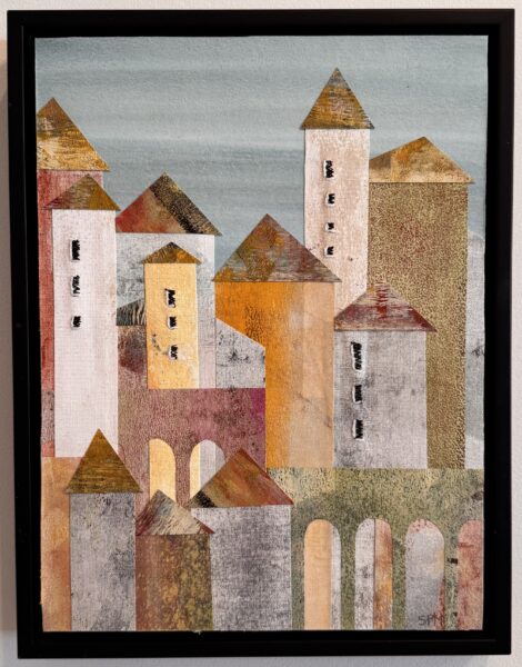 Framed gel print collage with paper, fabric and stitch of spanish city scape